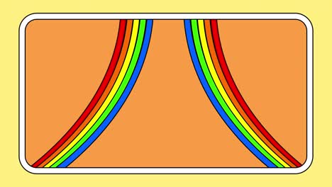 Animation-of-two-sets-of-rainbow-stripes-moving-on-orange-background-with-white-and-yellow-frame