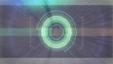 Digitale-Animation-Von-Lichtspuren-Und-Glitch-Effekt-Vor-Rundem-Neonscanner-Auf-Grauem-Hintergrund