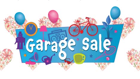 Animation-of-garage-sale-text-over-banner-and-floral-hearts-in-background