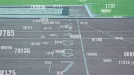 Animation-of-numbers-changing-over-disabled-male-athlete-with-running-blades-on-racing-track
