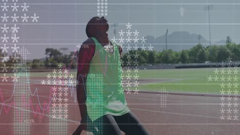 Animation-of-digital-data-processing-over-disabled-male-athlete-with-running-blades-on-racing-track