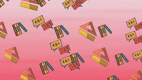 Animation-of-abc-and-123-text-in-speech-bubbles-with-rulers-and-books-floating-on-pink