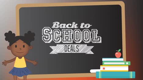 Animation-of-back-to-school-deals-text-with-cartoon-schoolgirl-and-books-with-apple