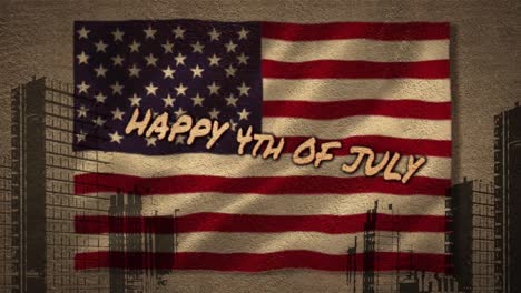 Animation-of-happy-fourth-of-july-text-over-flag-and-cityscape
