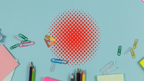 Animation-of-pink-book-and-rulers-bouncing-on-red-dots-over-blue-desk-with-stationery