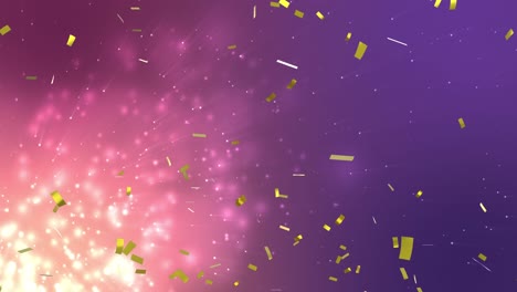Animation-of-gold-confetti-falling-with-particles-on-glowing-purple-background