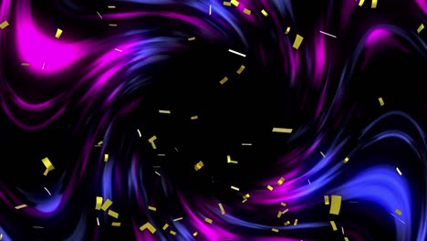 Animation-of-gold-confetti-falling-over-spinning-blue-and-purple-light-trails-in-background