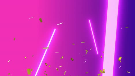 Animation-of-gold-confetti-falling-over-glowing-neon-light-son-pink-background