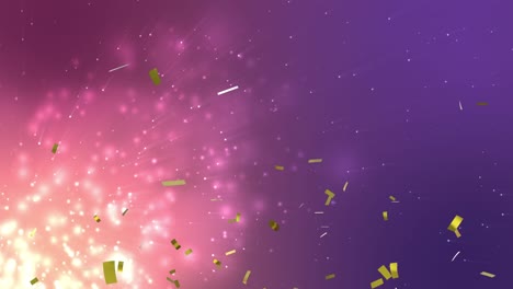 Animation-of-gold-confetti-falling-over-glowing-light-particles-on-purple-background