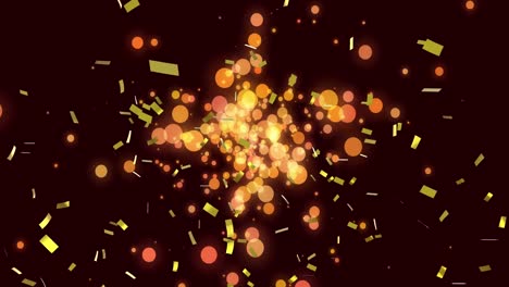 Animation-of-gold-confetti-falling-over-glowing-lights-in-background