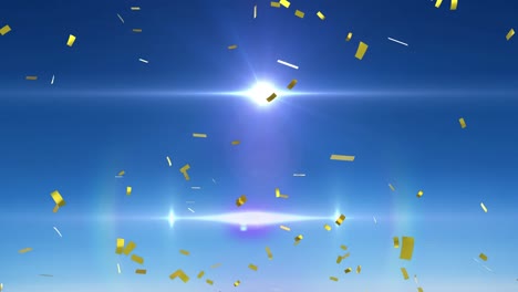 Animation-of-gold-confetti-falling-over-glowing-light-on-blue-background