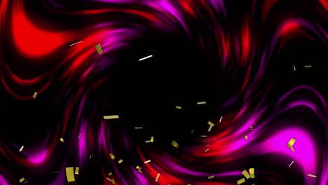 Animation-of-gold-confetti-falling-over-spinning-red-and-purple-light-trails-in-background