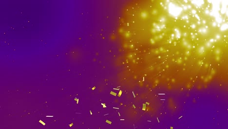 Animation-of-confetti-falling-over-glowing-lights-on-purple-background