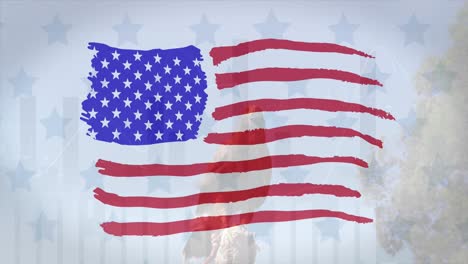 Designmuster-Der-Amerikanischen-Flagge-Und-Mehrere-Sterne-Vor-Einem-Adler,-Der-Auf-Einem-Ast-Sitzt