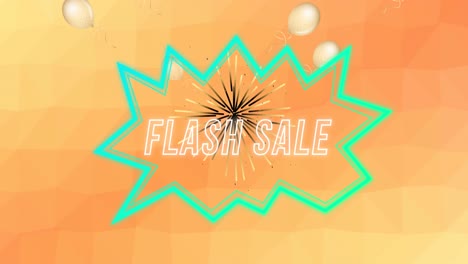 Animation-of-words-flash-sale-in-white-with-green-neon-explosion,-firework-and-bubbles-on-orange