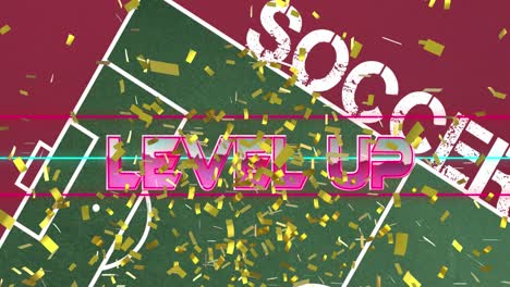 Animation-of-words-level-up-in-pink-and-gold-confetti-falling-over-word-soccer-on-sports-pitch