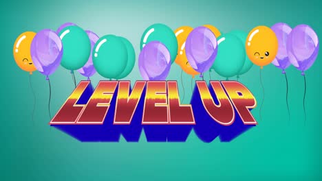 Animation-of-words-level-up-in-orange,-brown-and-blue,-with-colourful-balloons-on-green
