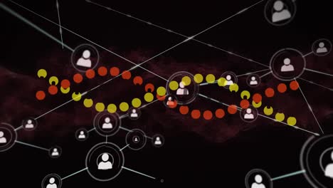 Animation-Eines-DNA-Strangs,-Der-Sich-über-Ein-Netzwerk-Von-Verbindungen-Mit-Menschensymbolen-Dreht