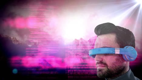 Animation-of-data-processing-over-man-wearing-vr-headset-on-sky-with-clouds
