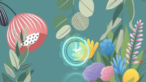 Digitale-Animation-Einer-Neonfarbenen-Digitaluhr,-Die-Vor-Blumenmustern-Auf-Grünem-Hintergrund-Tickt