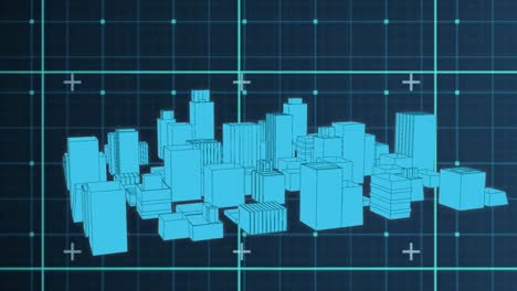 Digitale-Animation-Eines-3D-Stadtmodells,-Das-Sich-Vor-Einem-Gitternetz-Auf-Blauem-Hintergrund-Dreht