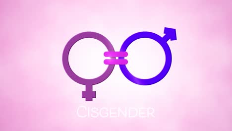 Animation-of-text-cisgender-with-male-and-female-gender-symbols-joined-by-equals-sign,-on-pink