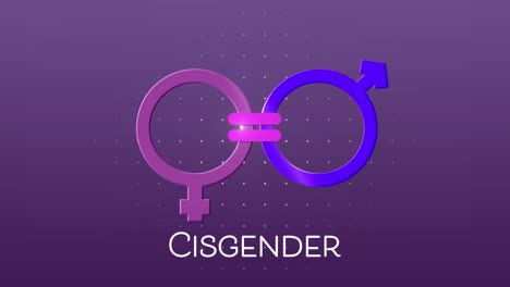 Animation-of-text-cisgender-with-male-and-female-gender-symbols-joined-by-equals-sign,-on-purple