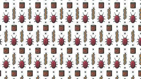 Animation-of-pattern-of-repeated-rows-of-caterpillars,-beetles-and-tree-stumps,-on-white-background
