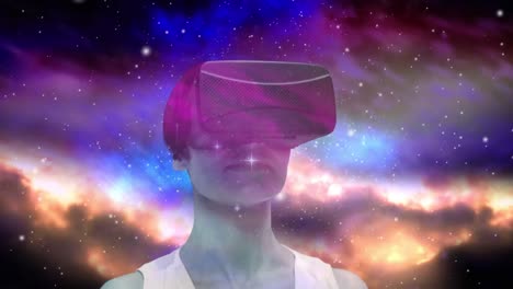 Animation-Einer-Frau-Mit-VR-Headset-Und-Leuchtenden-Sternen-über-Leuchtend-Farbigen-Wolken