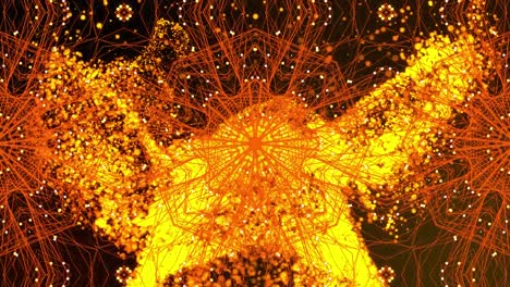 Animation-Kaleidoskopischer-Orangefarbener-Linien,-Die-Sich-über-Die-Gelbe-Explosion-Einer-Flüssigen-Flamme-Bewegen