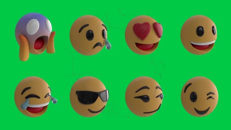 Animation-Eines-Netzwerks-Von-Verbindungen-über-Reihen-Von-Emoji-Emoticon-Symbolen-Auf-Grünem-Bildschirm