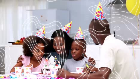 Animation-of-line-map-over-family-having-fun-at-birthday-party