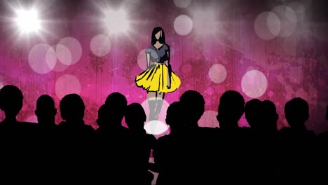 Animation-of-fashion-drawing-of-model-on-catwalk-at-fashion-show,-on-pink-background