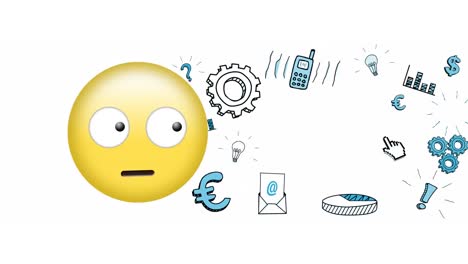 Animation-of-rolling-eyes-and-office-equipment-emoji-icons-over-white-background