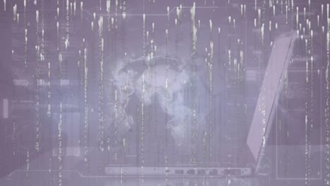 Animation-Der-Datenverarbeitung-Mit-Globus-Und-Laptop-Auf-Violettem-Hintergrund