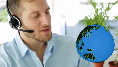 Animation-of-globe-over-businessmen-wearing-headset
