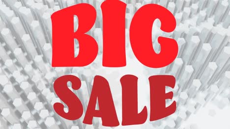 Animation-of-red-text-big-sale,-over-moving-white-hexagonal-columns