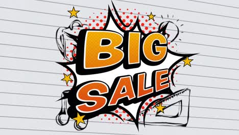 Animation-of-orange-text-big-sale,-on-explosion-cloud-over-doodles-on-pages-in-lined-notebook
