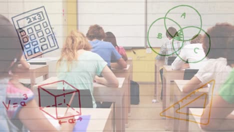 Multiple-mathematical-concept-icons-against-group-of-college-students-studying-in-class-at-college