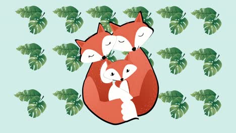 Animation-Einer-Glücklichen-Fuchsfamilie,-Die-Sich-Auf-Grünem-Hintergrund-Umarmt
