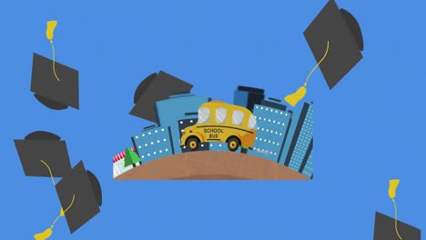 Digital-animation-of-graduation-hat-icons-falling-over-school-bus-icon-against-blue-background
