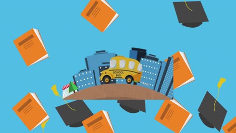 Graduation-hat-and-book-icons-falling-over-school-bus-icon-against-blue-background