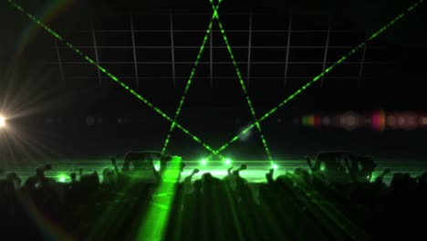 Digital-animation-of-green-shining-lights-over-silhouette-of-people-dancing