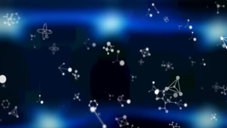 Animation-of-white-molecules-floating-on-blue-glowing-background