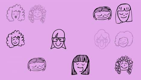 Animation-Mehrerer-Lächelnder-Mädchenköpfe-Auf-Violettem-Hintergrund