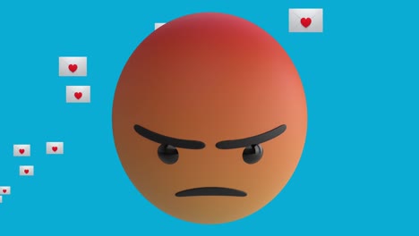 Animation-of-angry-emoji-icon-with-red-heart-icons-on-blue-background