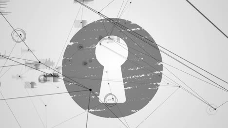 Digital-animation-of-network-of-connections-over-keyhole-icon-on-grey-background