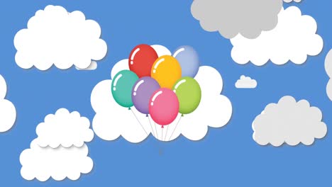 Digitale-Animation-Von-Luftballons,-Die-Gegen-Mehrere-Wolkensymbole-Auf-Blauem-Hintergrund-Schweben