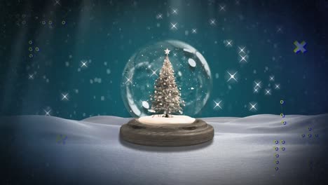 Abstract-shapes-and-shining-stars-over-christmas-tree-in-snow-globe-on-winter-landscape