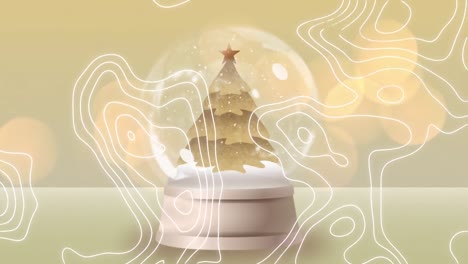 Topography-and-shooting-star-over-christmas-tree-in-snow-globe-against-yellow-spots-of-light